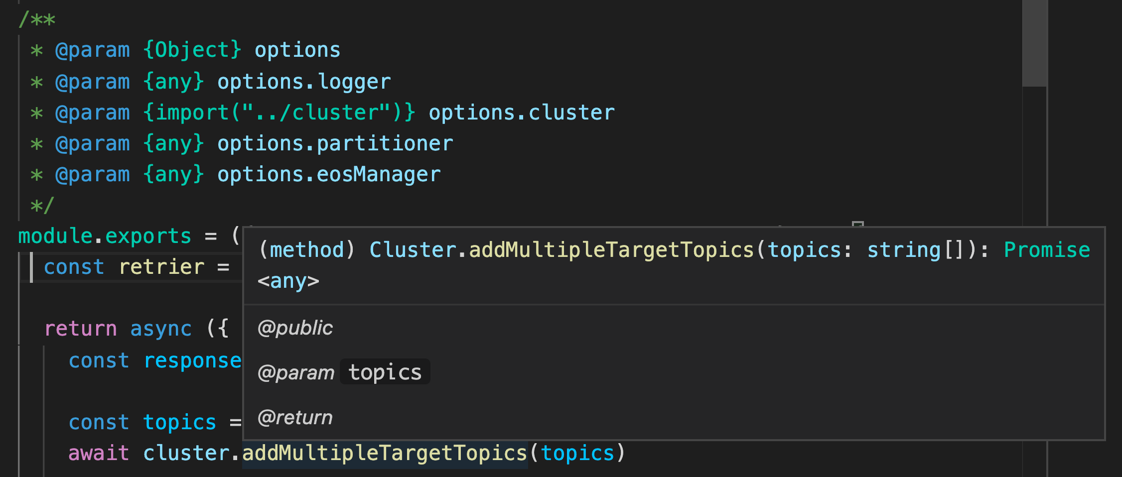Editor screenshot showing type hinting for Cluster methods